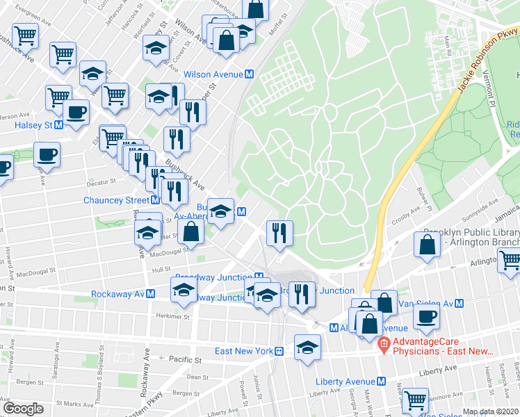 map of restaurants, bars, coffee shops, grocery stores, and more near 96 De Sales Place in Brooklyn