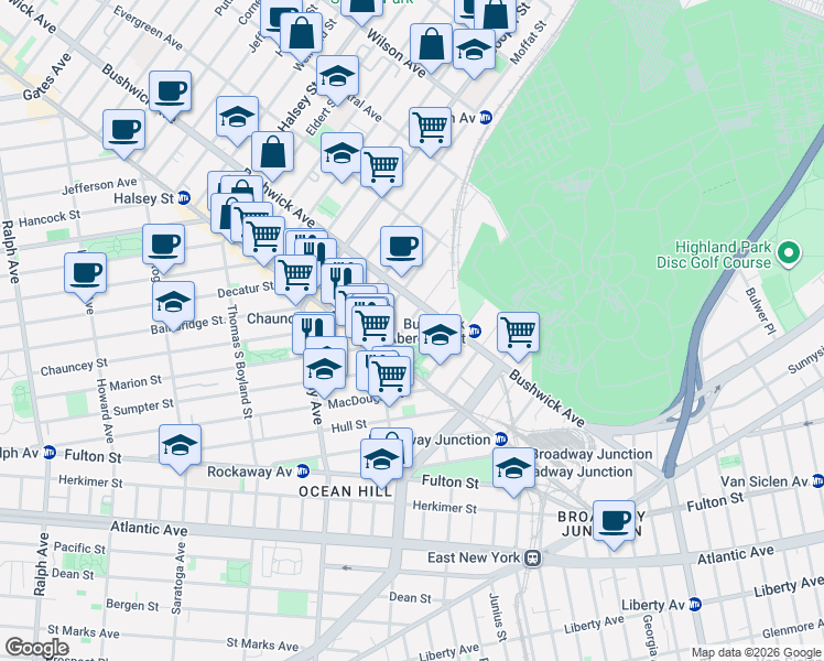 map of restaurants, bars, coffee shops, grocery stores, and more near 32 Pilling Street in Brooklyn