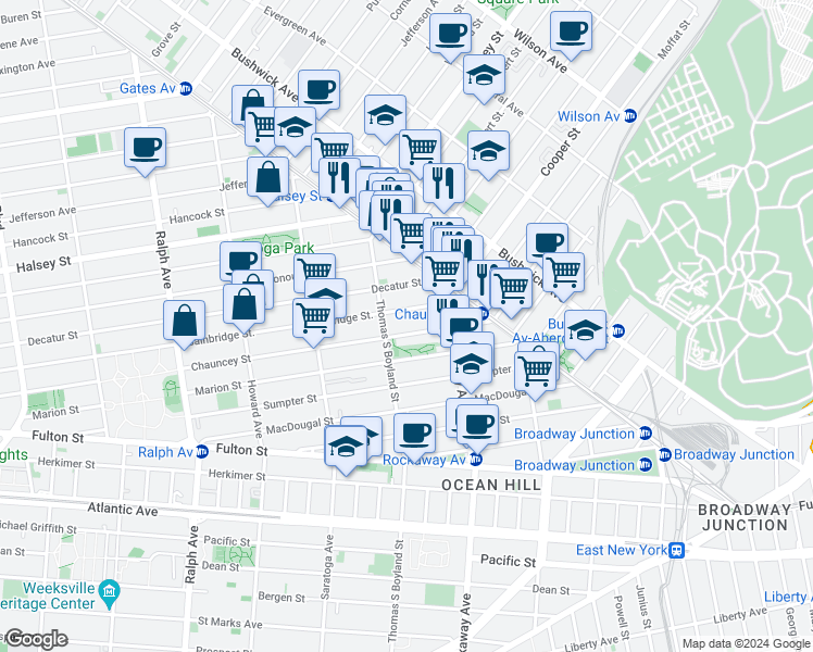 map of restaurants, bars, coffee shops, grocery stores, and more near 569 Bainbridge Street in Brooklyn