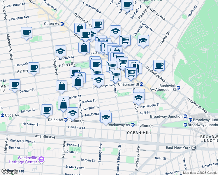 map of restaurants, bars, coffee shops, grocery stores, and more near 537 Bainbridge Street in Brooklyn