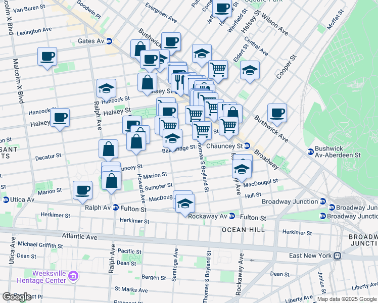 map of restaurants, bars, coffee shops, grocery stores, and more near 537 Bainbridge Street in Brooklyn
