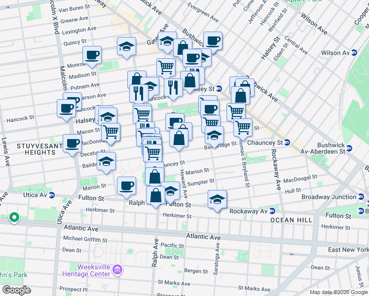 map of restaurants, bars, coffee shops, grocery stores, and more near 160 Howard Avenue in Brooklyn