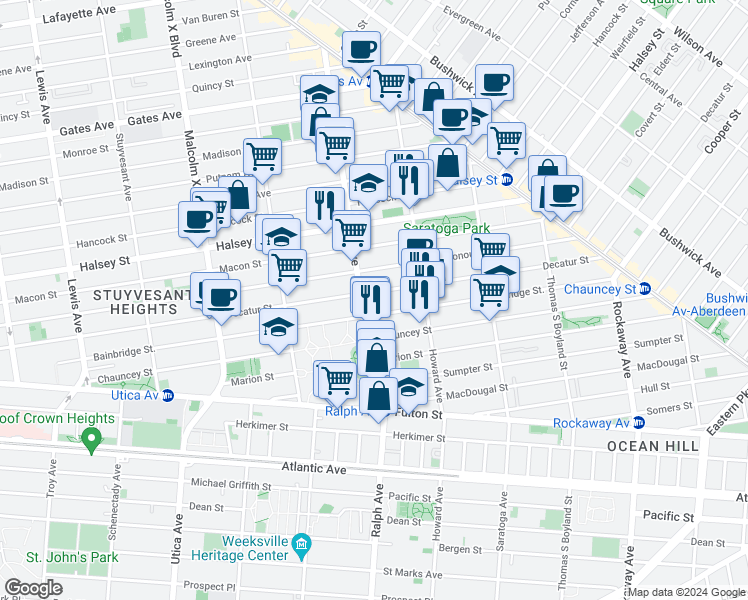 map of restaurants, bars, coffee shops, grocery stores, and more near 545 Decatur Street in Brooklyn