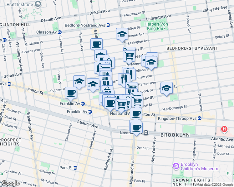 map of restaurants, bars, coffee shops, grocery stores, and more near 156 Jefferson Avenue in Brooklyn