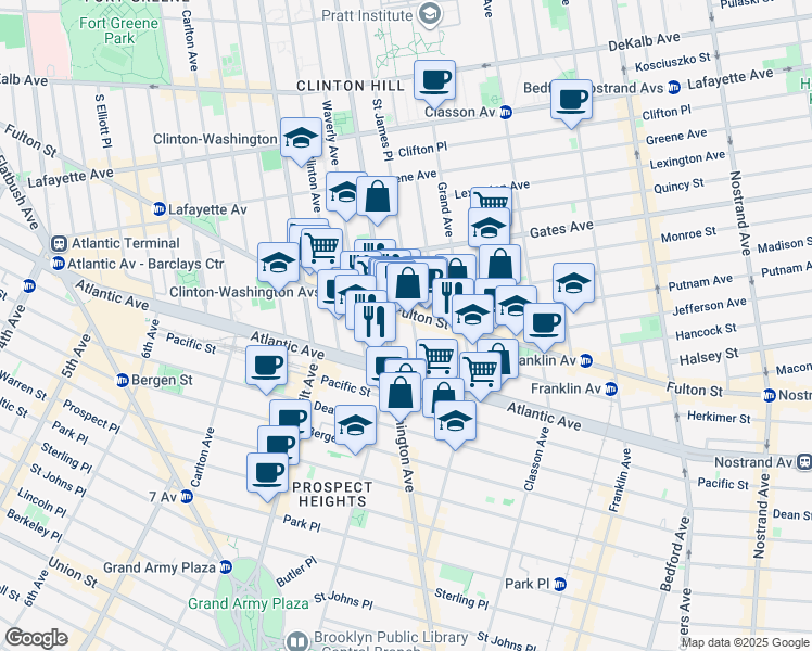 map of restaurants, bars, coffee shops, grocery stores, and more near 983 Fulton Street in Brooklyn