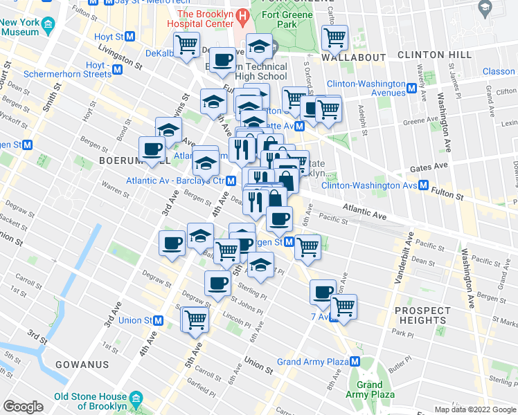 map of restaurants, bars, coffee shops, grocery stores, and more near 427 Dean Street in Brooklyn