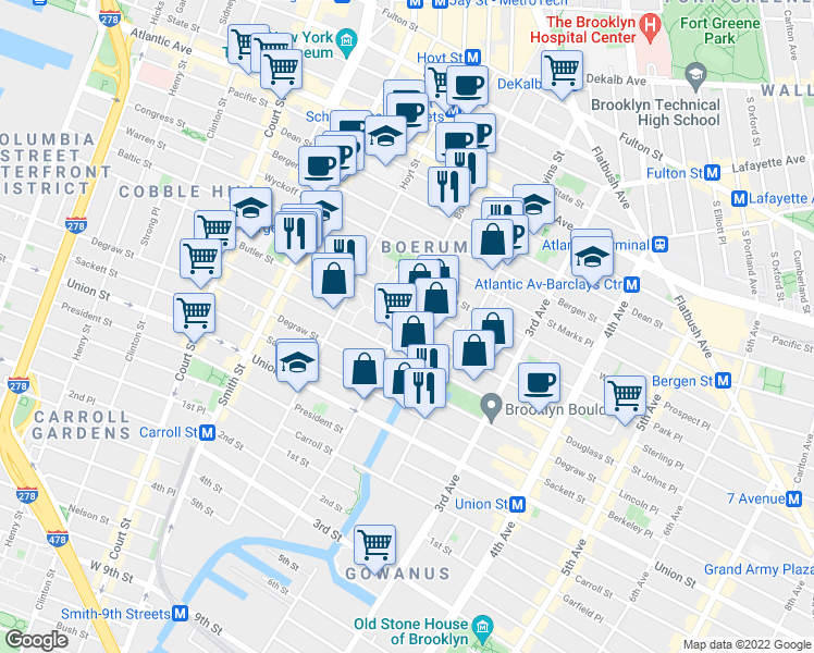map of restaurants, bars, coffee shops, grocery stores, and more near 207 Bond Street in Brooklyn