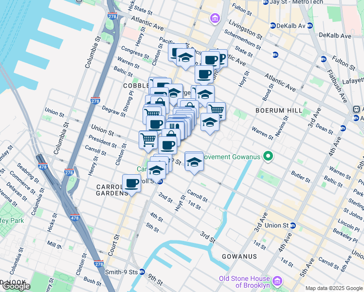 map of restaurants, bars, coffee shops, grocery stores, and more near 350 Degraw Street in Brooklyn