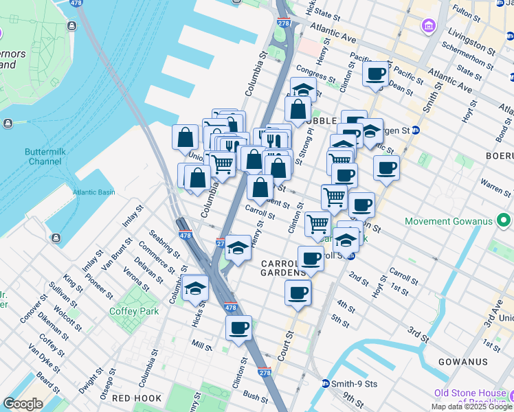 map of restaurants, bars, coffee shops, grocery stores, and more near 152 President Street in Brooklyn