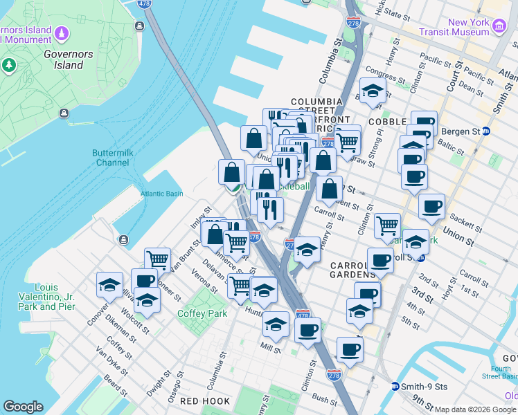 map of restaurants, bars, coffee shops, grocery stores, and more near 100 Hamilton Avenue in Brooklyn
