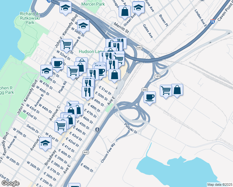 map of restaurants, bars, coffee shops, grocery stores, and more near 838 Avenue E in Bayonne