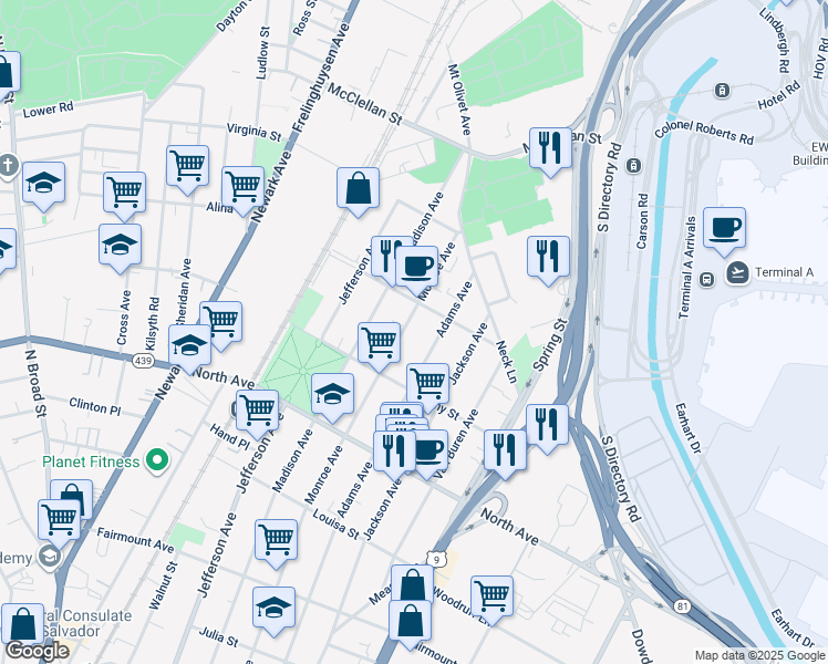 map of restaurants, bars, coffee shops, grocery stores, and more near 959 Monroe Avenue in Elizabeth