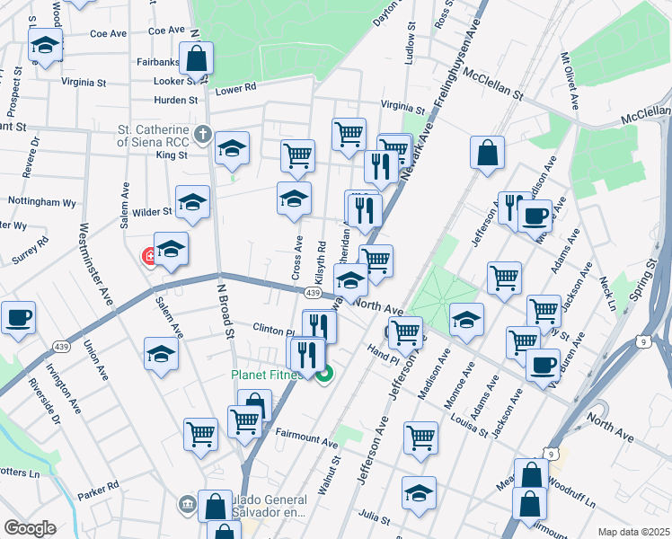 map of restaurants, bars, coffee shops, grocery stores, and more near 849 Sheridan Avenue in Elizabeth