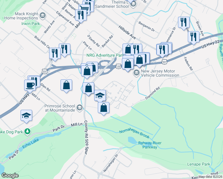 map of restaurants, bars, coffee shops, grocery stores, and more near 3213 Park Place in Springfield