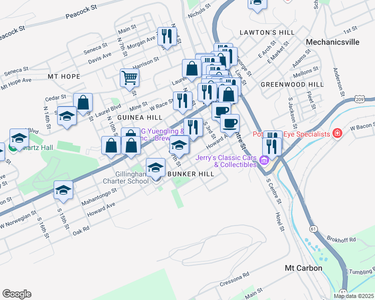 map of restaurants, bars, coffee shops, grocery stores, and more near 512 Mahantongo Street in Pottsville
