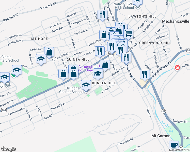 map of restaurants, bars, coffee shops, grocery stores, and more near 620 West Norwegian Street in Pottsville