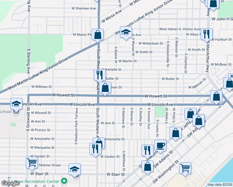 map of restaurants, bars, coffee shops, grocery stores, and more near 1718 West Millman Street in Peoria