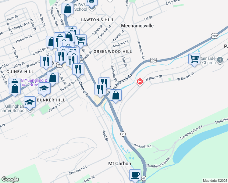 map of restaurants, bars, coffee shops, grocery stores, and more near 414 Baber Street in Pottsville