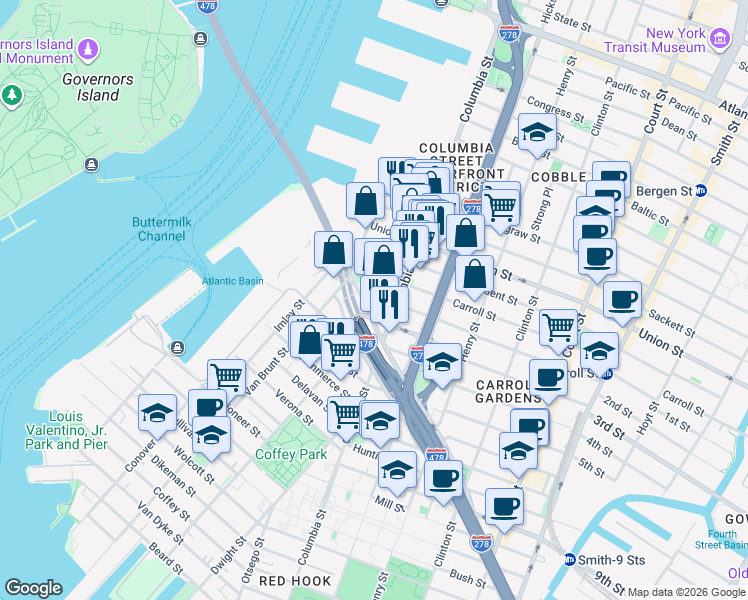 map of restaurants, bars, coffee shops, grocery stores, and more near 60 Summit Street in Brooklyn