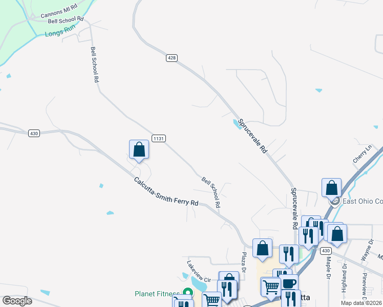 map of restaurants, bars, coffee shops, grocery stores, and more near 48340 Bell School Road in East Liverpool