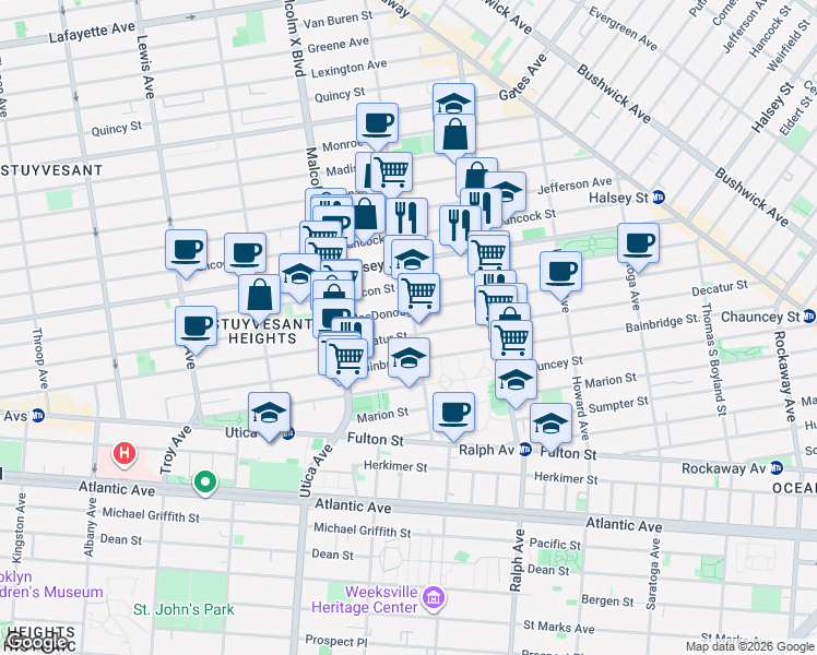 map of restaurants, bars, coffee shops, grocery stores, and more near 508 MacDonough Street in Brooklyn
