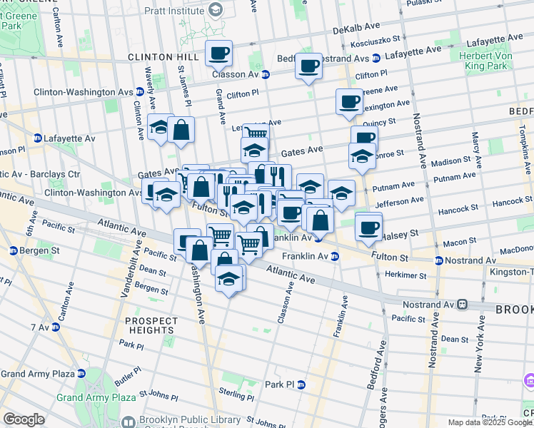 map of restaurants, bars, coffee shops, grocery stores, and more near 43 Putnam Avenue in Brooklyn