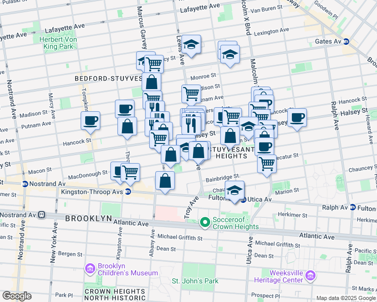 map of restaurants, bars, coffee shops, grocery stores, and more near 382 Macon Street in Brooklyn