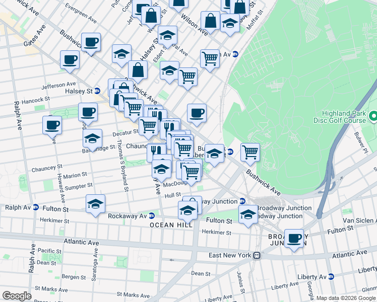 map of restaurants, bars, coffee shops, grocery stores, and more near 32 Pilling Street in Brooklyn