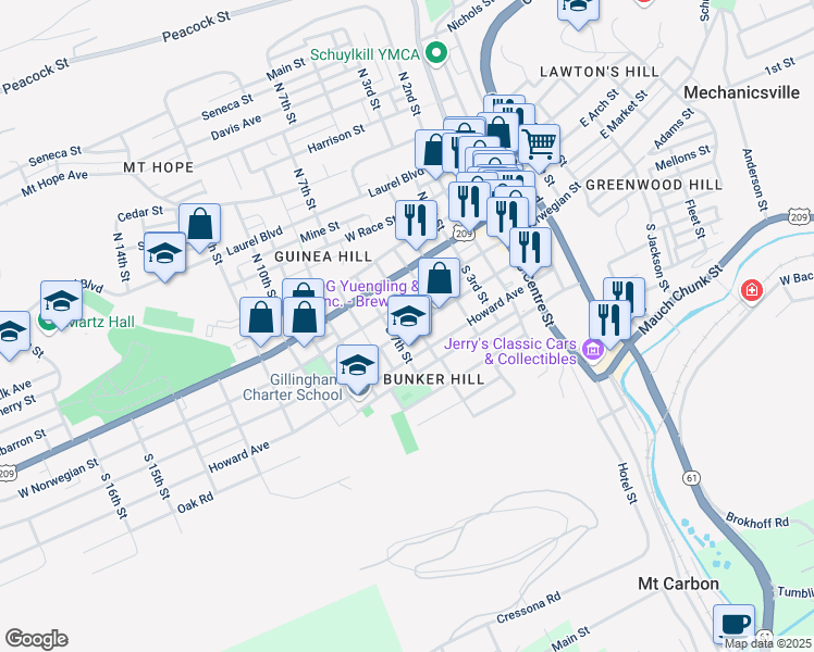 map of restaurants, bars, coffee shops, grocery stores, and more near 606 Mahantongo Street in Pottsville