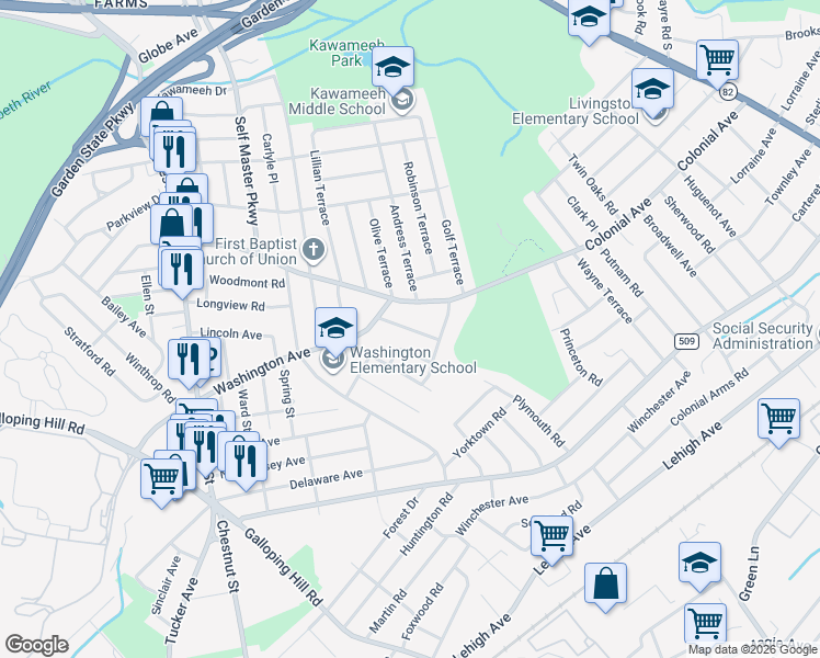 map of restaurants, bars, coffee shops, grocery stores, and more near 429 Colonial Avenue in Union