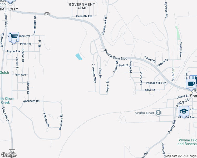 map of restaurants, bars, coffee shops, grocery stores, and more near 3304 Shasta Dam Boulevard in Shasta Lake