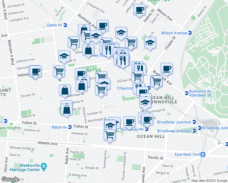 map of restaurants, bars, coffee shops, grocery stores, and more near 540 Bainbridge Street in Brooklyn