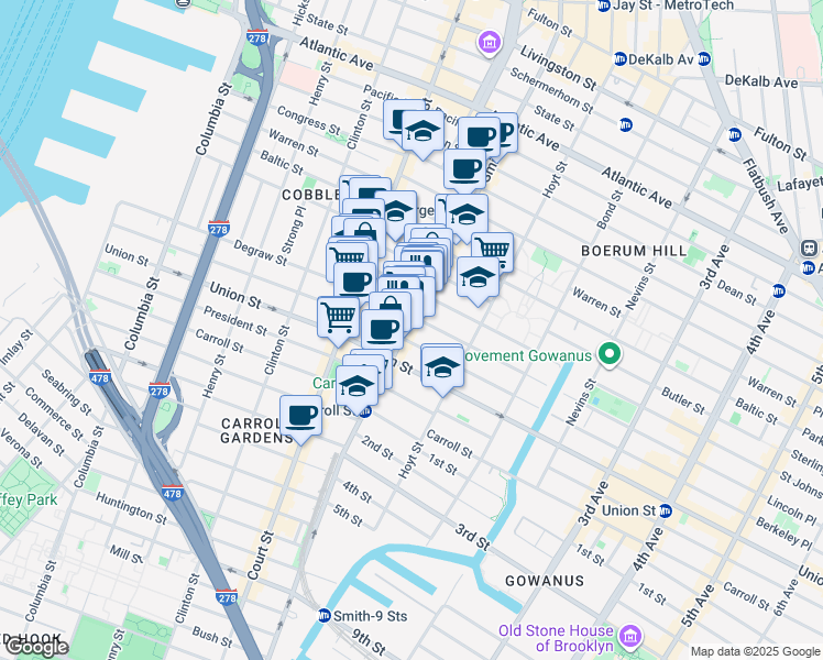 map of restaurants, bars, coffee shops, grocery stores, and more near 350 Degraw Street in Brooklyn