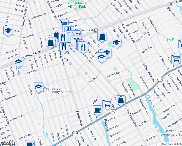 map of restaurants, bars, coffee shops, grocery stores, and more near 353 South Wellwood Avenue in Lindenhurst