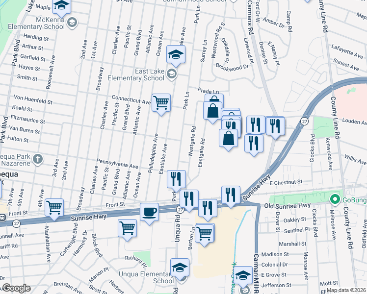 map of restaurants, bars, coffee shops, grocery stores, and more near 58 Westgate Road in Massapequa Park