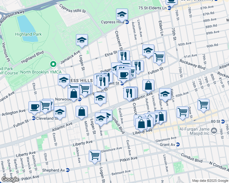 map of restaurants, bars, coffee shops, grocery stores, and more near 3298 Fulton Street in Brooklyn