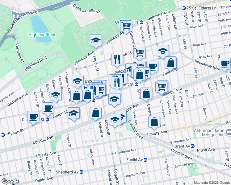 map of restaurants, bars, coffee shops, grocery stores, and more near 183 Richmond Street in Brooklyn