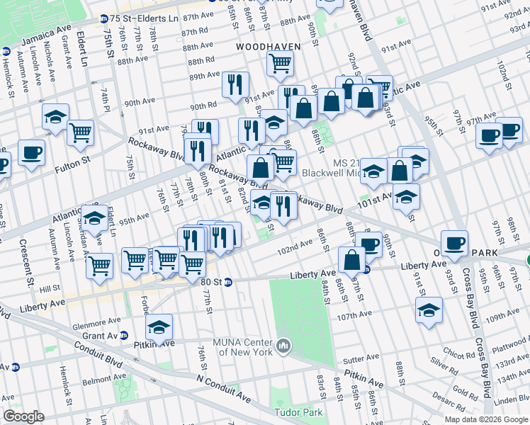 map of restaurants, bars, coffee shops, grocery stores, and more near 83-2 97th Avenue in Queens