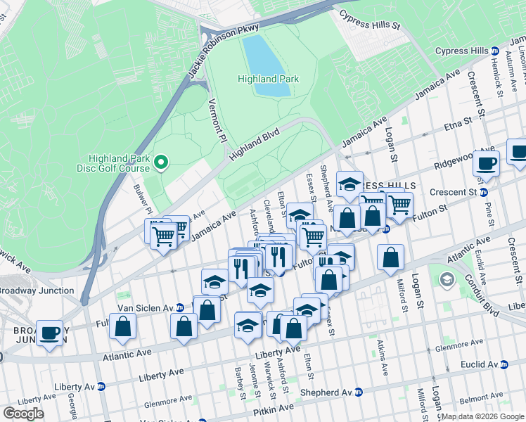 map of restaurants, bars, coffee shops, grocery stores, and more near 70 Ridgewood Ave in Brooklyn