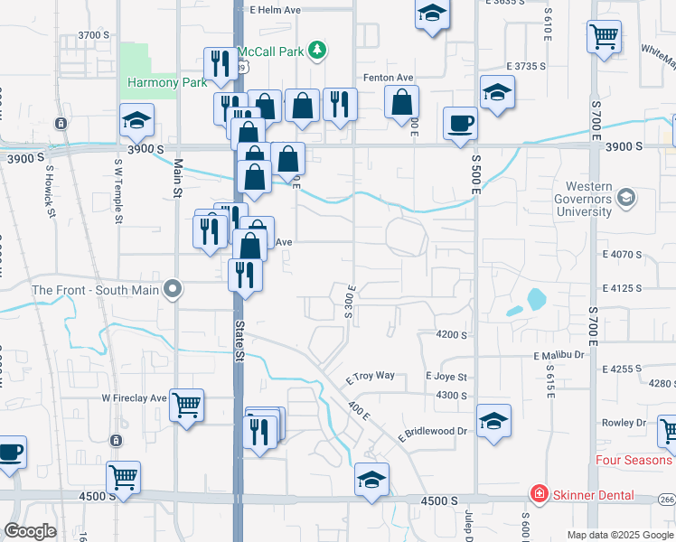 map of restaurants, bars, coffee shops, grocery stores, and more near 4084 300 East in Murray