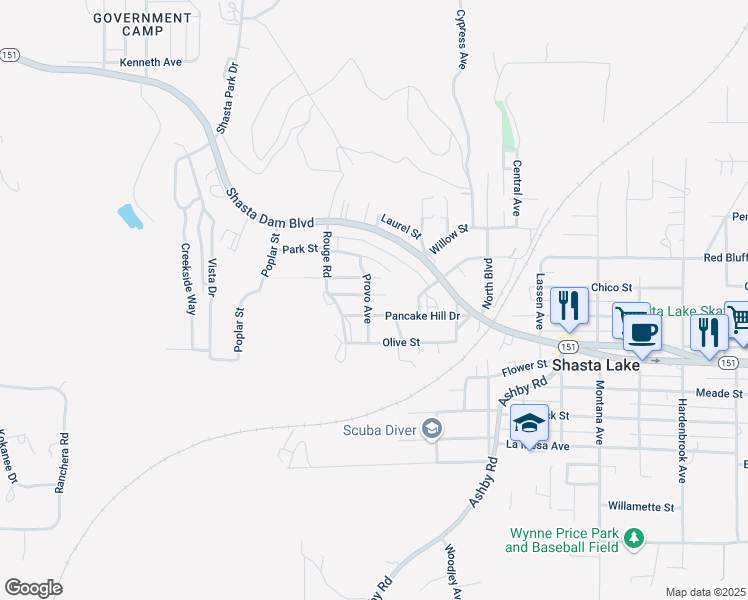 map of restaurants, bars, coffee shops, grocery stores, and more near 1357-1399 Provo Ave in Shasta Lake