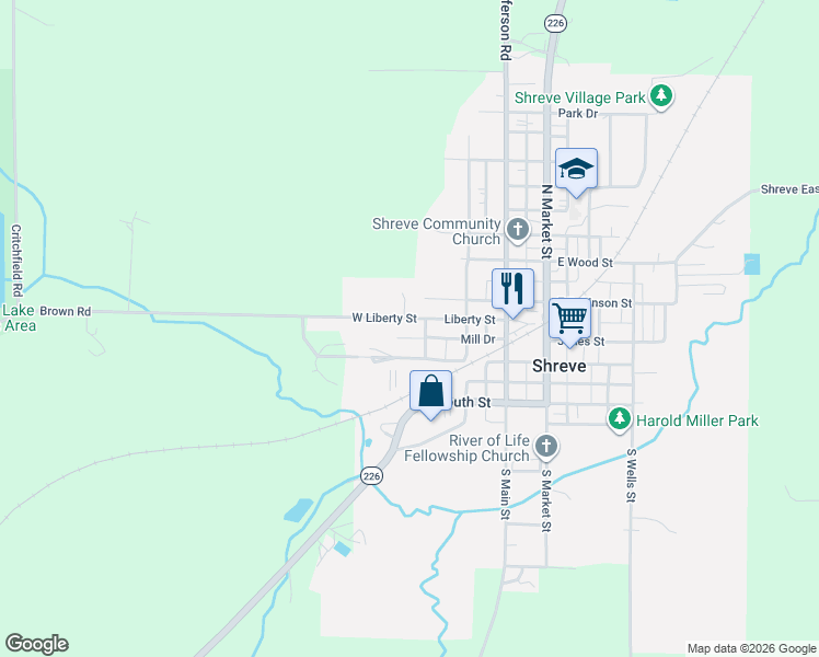 map of restaurants, bars, coffee shops, grocery stores, and more near 402 Liberty Street in Shreve