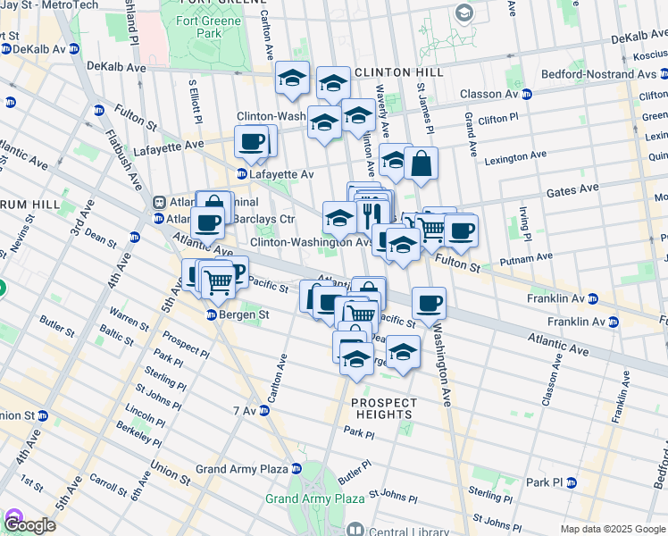 map of restaurants, bars, coffee shops, grocery stores, and more near Brooklyn Clermont Ave in Brooklyn