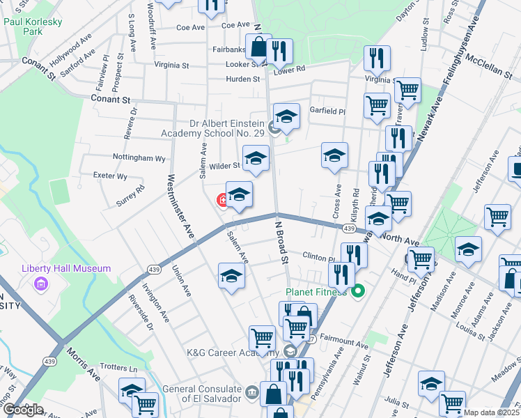 map of restaurants, bars, coffee shops, grocery stores, and more near 800-822 North Broad Street in Elizabeth