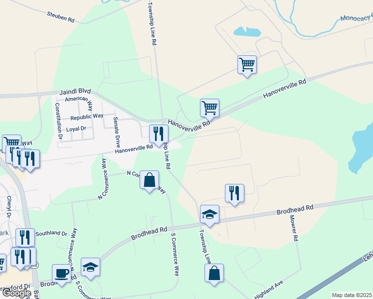 map of restaurants, bars, coffee shops, grocery stores, and more near 4939 Hanoverville Road in Bethlehem