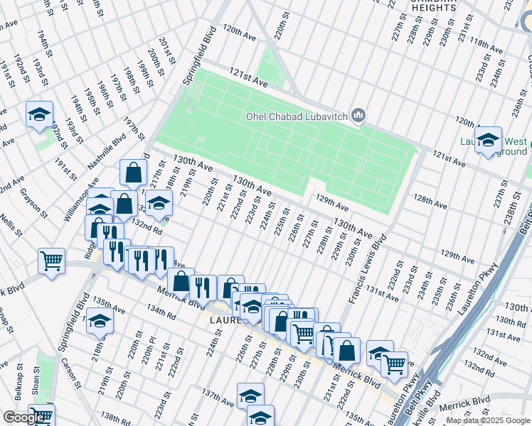map of restaurants, bars, coffee shops, grocery stores, and more near 130-30 224th Street in Queens