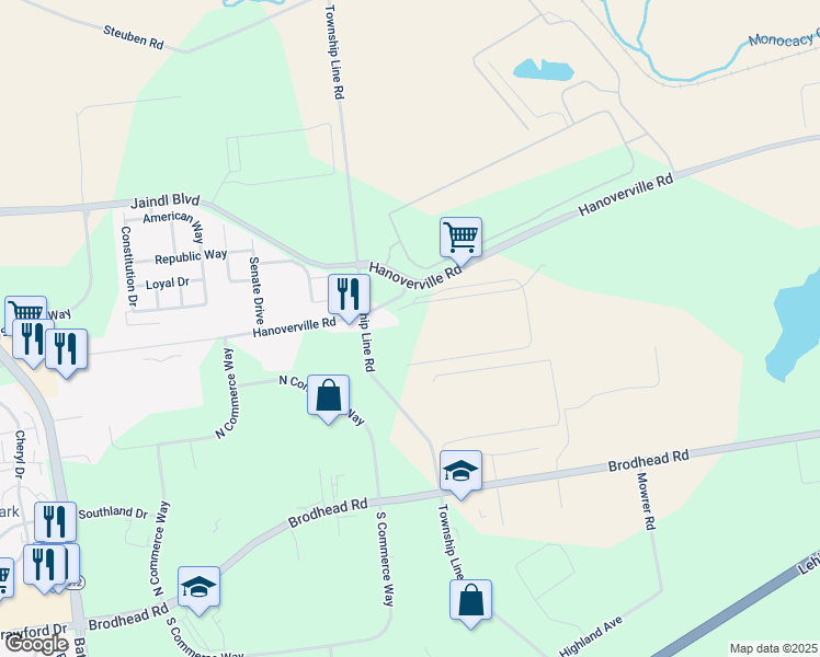 map of restaurants, bars, coffee shops, grocery stores, and more near 4939 Hanoverville Road in Bethlehem