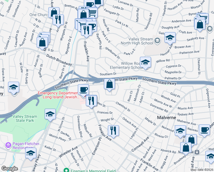 map of restaurants, bars, coffee shops, grocery stores, and more near 70 Park Drive in Valley Stream