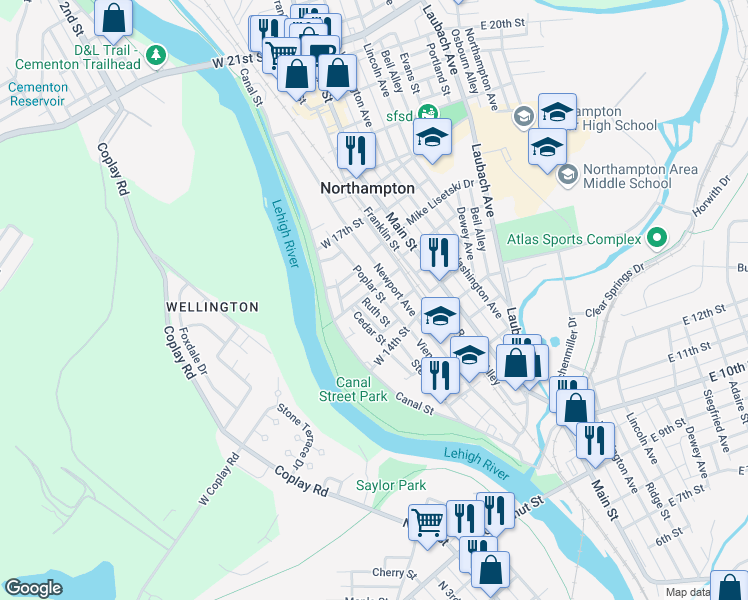 map of restaurants, bars, coffee shops, grocery stores, and more near 1526 Poplar Street in Northampton
