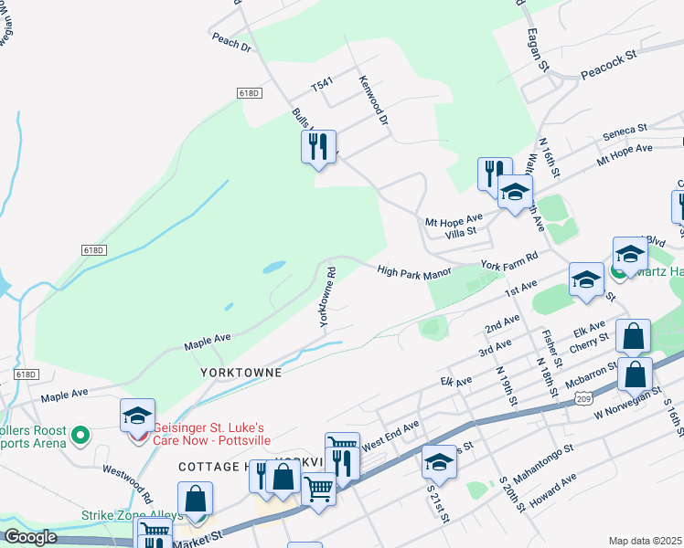 map of restaurants, bars, coffee shops, grocery stores, and more near 11 Yorktowne Road in Pottsville